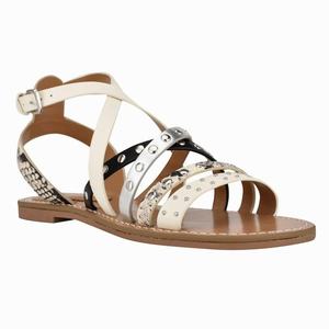 Nine West Cane Studded Flat Sandals - Beige/White/Silver - Ireland (ZM7168902)